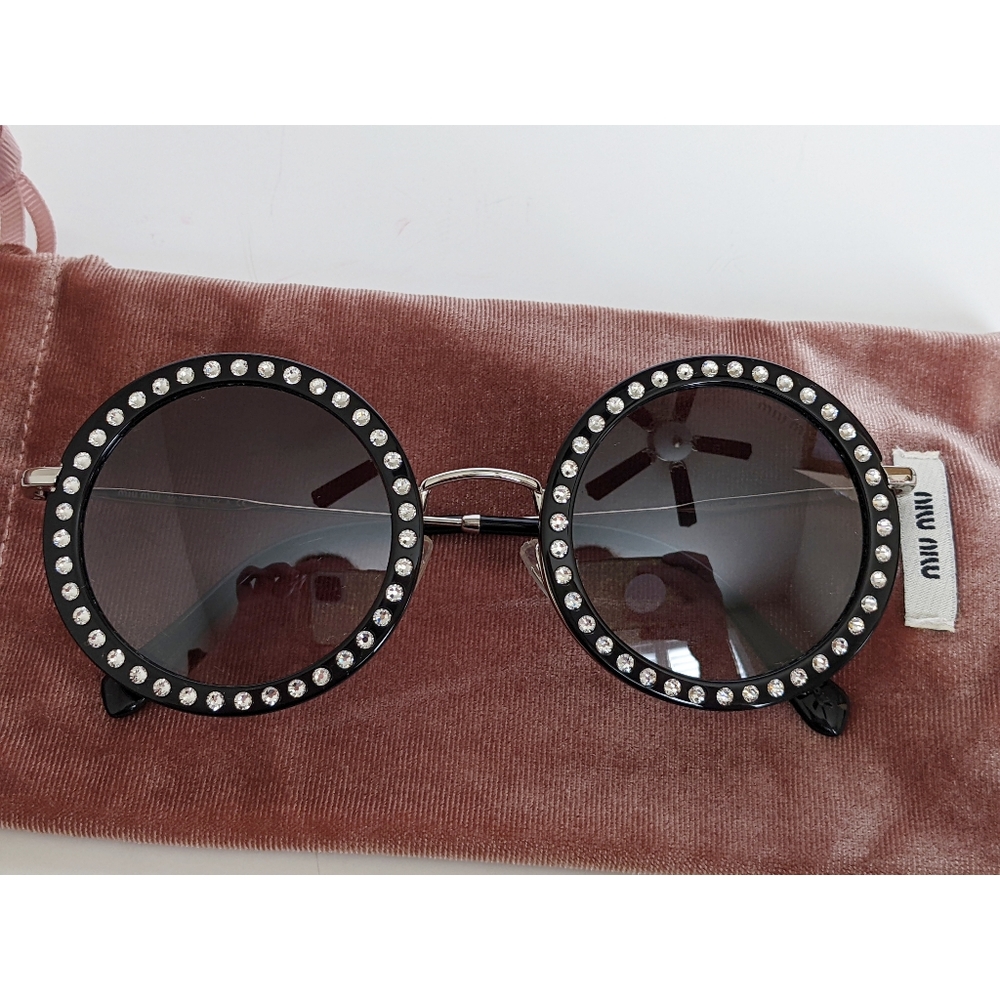 MIU MIU Retro Round Rhinestone Studded Sunglasses Black Délice Y2K - Picture 16 of 17